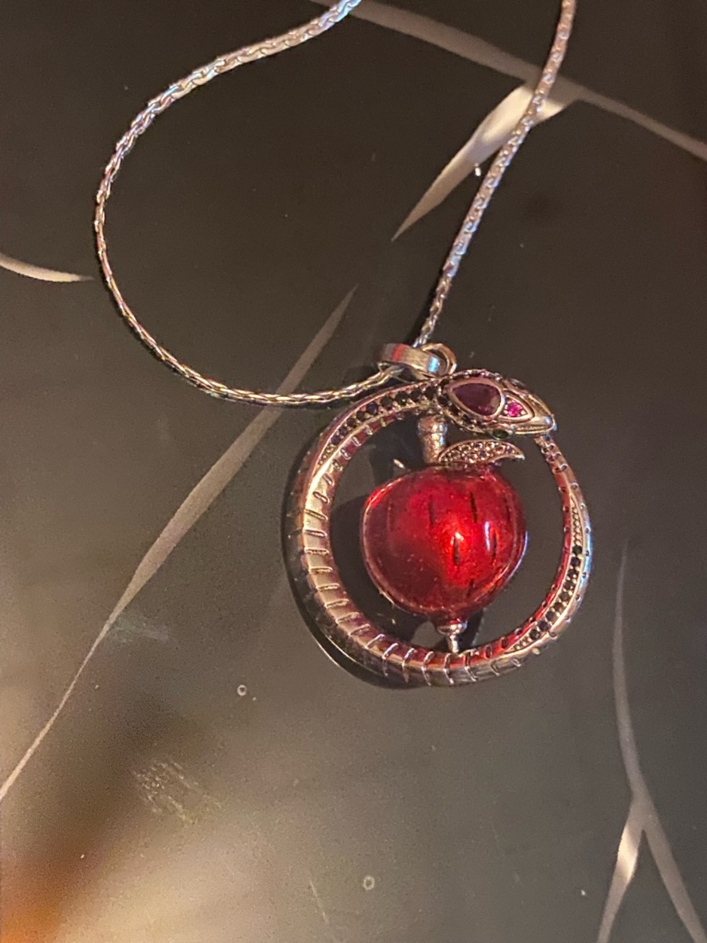 925 Snake and Turnable Red Apple Pendant w/ Stainless Necklace - Women Jewelry